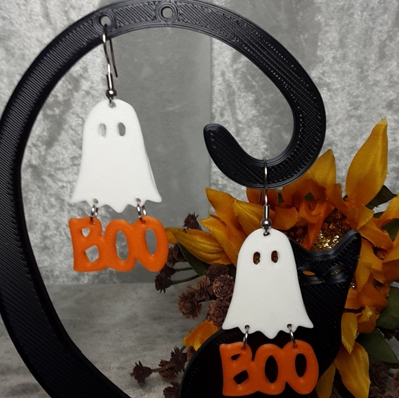 Hand Crafted Jewelry - Handmade 3D Printed Ghost Boo Earrings Halloween White Orange